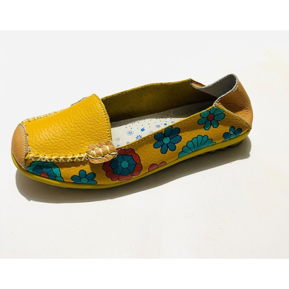 Ablanczoom loafers leather floral yellow moccasin comfy women's 7 - Picture 4 of 8